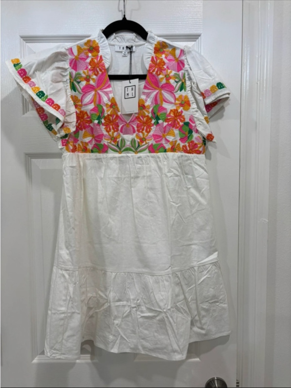 THML White Dress with Pink & Orange Floral Embroidery